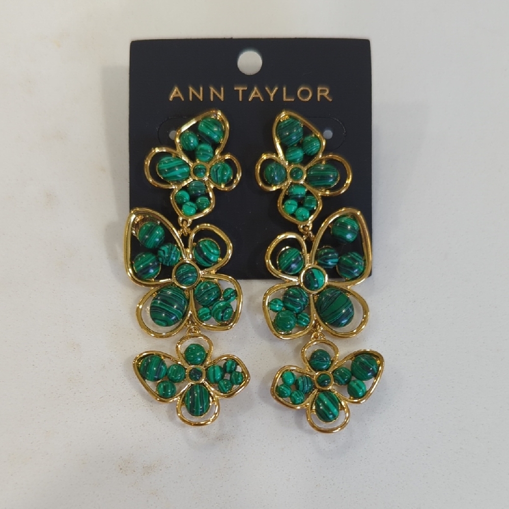 Ann Taylor Gold-Tone Earrings with Marbled Emerald Green Floral Drops